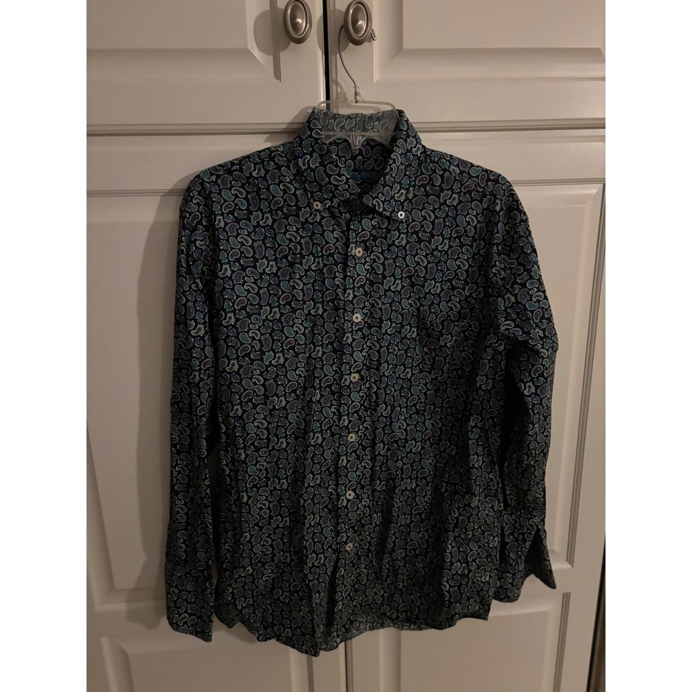 Alan Flusser Womens Paisley Button Down Shirt Navy Teal Purple Long Sleeve Top